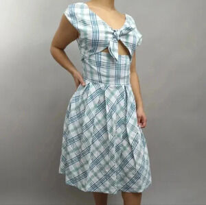 Caroll Paris Plaid Vintage Style Knee Length Retro Cutout Back Sleeveless Dress.